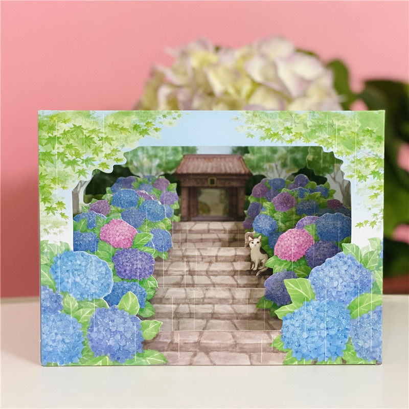 日本立体夏日绣球花猫咪小院贺卡创意桌面摆件中秋节感恩万用卡片