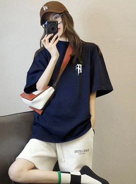 藏蓝色短袖夏女t恤2026新款宽松休闲印花纯棉小众设计感上衣