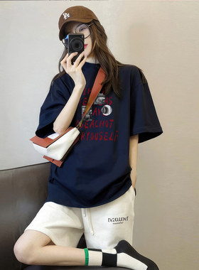 2026新款短袖爆款夏季藏蓝色美式潮牌纯棉印花圆领宽松上衣
