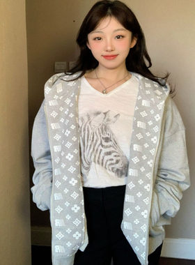 美式复古灰色开衫连帽卫衣外套女早秋季2025新款宽松慵懒拉链上衣
