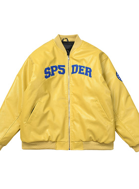 SP5DER字母刺绣皮衣外套男女宽松休闲机车服夹克棒球服opium风潮
