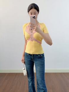 2026早春新款S奶油黄甜美蕾丝镂空P短袖V领打底针织上衣女