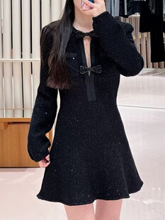 2025早春新款千金经典黑亮片长袖圆领款A型针织连衣裙女