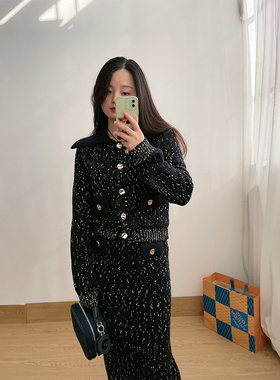 SP家204秋季高端女装秋冬季法式小香风针织开衫外套+半身裙套装