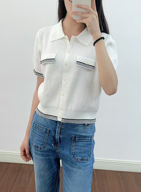 S家白色POLO领针织短袖女早春2025新款软糯小个子撞色单排扣毛衣
