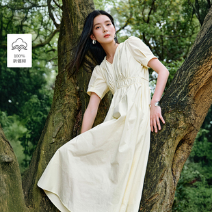 【一秒入夏】茵曼夏季100%棉淡人穿搭褶皱收腰连衣裙泡泡袖裙子