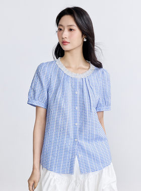 茵曼夏季撞色花边领短袖格纹衬衫时尚宽松衬衣上衣女装