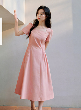 【一秒入夏】茵曼夏季法式方领纯棉连衣裙女压褶收腰显瘦气质长裙