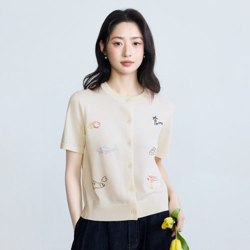 茵曼时尚趣味刺绣薄款针织开衫女2026夏季温柔文艺显瘦圆领上衣