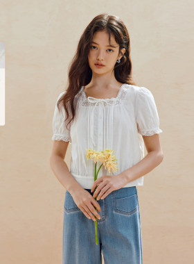 茵曼100%新疆棉法式蕾丝系带方领衬衫2026夏季女装新款短款上衣