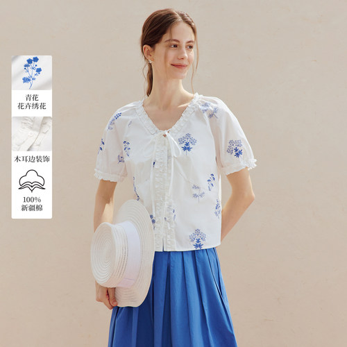 茵曼100%新疆棉清新绣花短袖衬衫2026夏季女装新款系带花边上衣