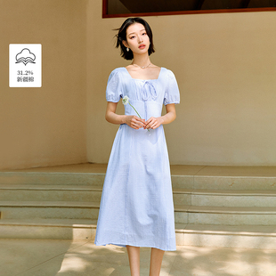 【一秒入夏】茵曼夏季法式条纹方领蓝色连衣裙女收腰显瘦短袖裙子