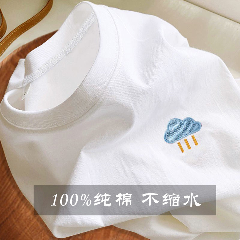 100%纯棉树叶印花纯色短袖t恤男女23夏季宽松学生半袖打底情侣装
