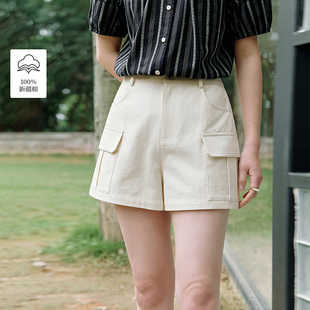 【一秒入夏】茵曼夏季复古工装纯棉阔腿短裤休闲百搭口袋白色裤子