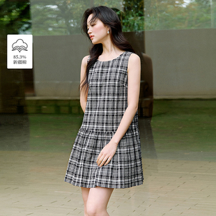 【一秒入夏】茵曼夏季法式复古圆领黑白格子连衣裙女简约通勤裙子