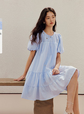茵曼法式蓝白条纹贝壳短袖连衣裙2026夏季女装新款系带花苞袖裙