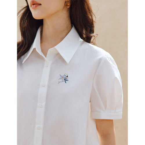 茵曼100%新疆棉海洋刺绣POLO领衬衫2026夏季女装新款泡泡袖上衣