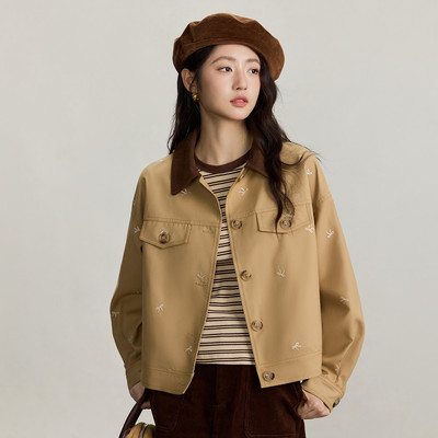 茵曼冬季撞色翻领外套复古巴恩风女时尚百搭绣花宽松休闲上衣小个