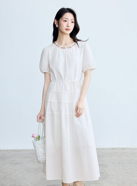 茵曼纯棉法式温柔串珠圆领小白裙2026夏季气质仙女风A字连衣裙子