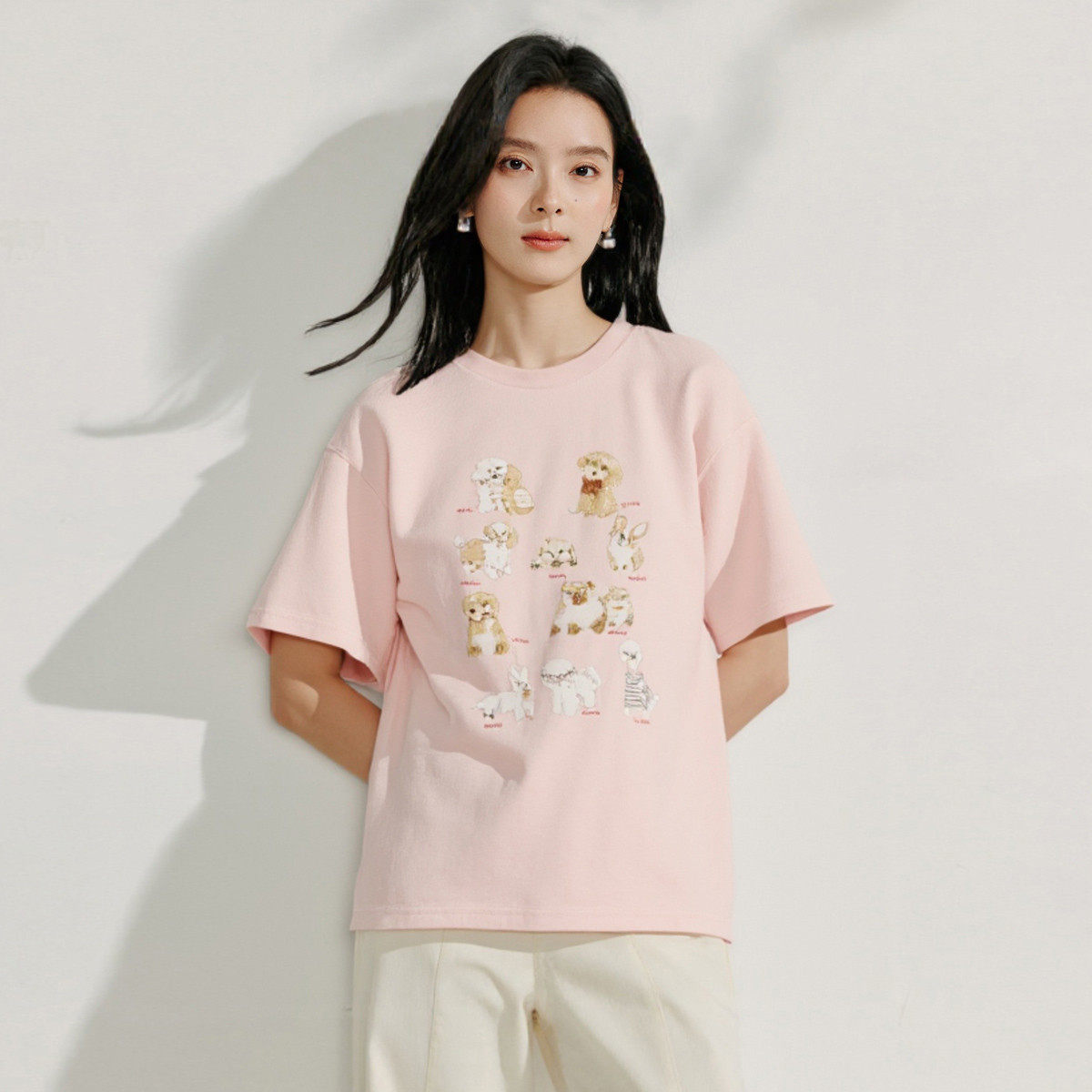 【断码清仓】茵曼冰瓷棉萌宠印花宽松短袖T恤女夏季减龄学院风