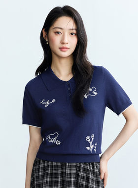茵曼趣味绣花Polo领薄款针织衫女2026夏季时尚减龄显瘦上衣