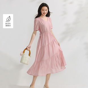 【一秒入夏】茵曼夏季度假风莱赛尔V领连衣裙气质通勤泡泡袖长裙