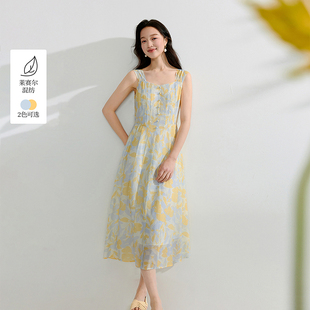 【一秒入夏】茵曼夏季法式莱赛尔印花吊带连衣裙女收腰显瘦长裙子
