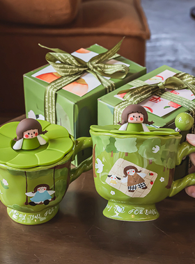 绿色马克杯带盖勺咖啡杯子夏季女生送闺蜜实用生日礼物陶瓷水杯