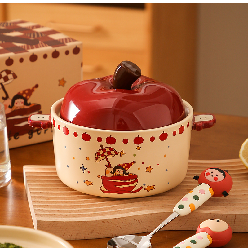 大容量苹果泡面碗带盖双耳汤碗