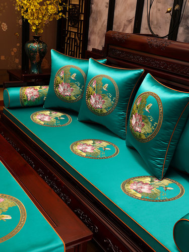 中式荷花红木沙发垫坐垫椅垫凳子垫沙发罩套轻奢罗汉床五件套垫子