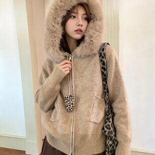 宋正恩毛领宽松连帽针织开衫毛衣外套女秋季可拆卸慵懒风韩系上衣