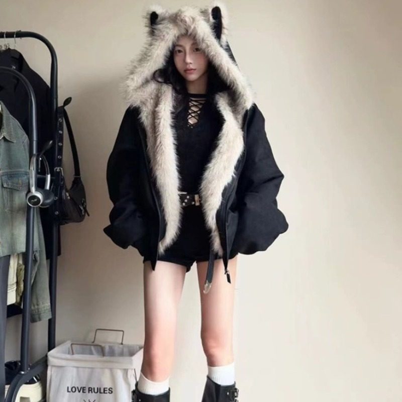 鹿皮绒派克服短款羽绒棉服仿兔毛大毛领连帽棉衣外套美式复古