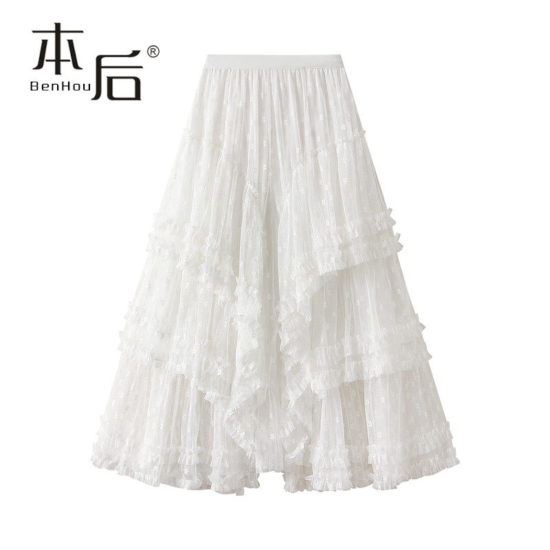 2559重工花边拼接不规则网纱半身裙春秋女长裙蛋糕裙大摆裙蓬蓬裙