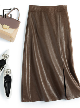 0987 软PU皮开叉棕色黑色小皮裙半身裙秋冬中长款a字裙包臀小个子