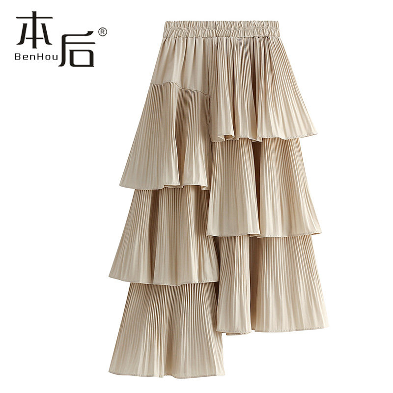 8255 不规则百褶裙蛋糕裙半身裙秋百搭中长款荷叶边高腰a字裙