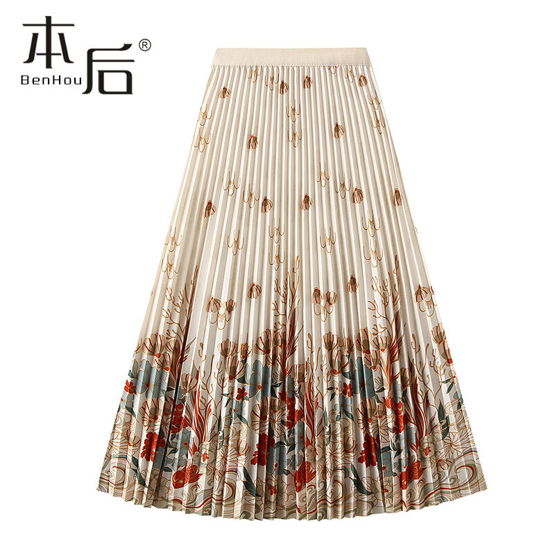 0815 定位印花风琴百褶半身裙春秋女中长款垂坠大摆a字裙高腰显瘦