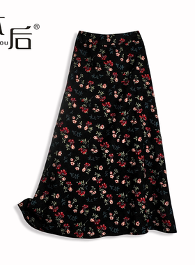 BenHou/本后 9962 碎花灯芯绒半身裙秋冬女中长款高腰显瘦a字裙