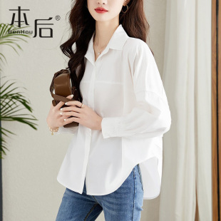 宽松显瘦设计感别致上衣2025春秋纯棉衬衣 女长袖 23045 纯棉白衬衫