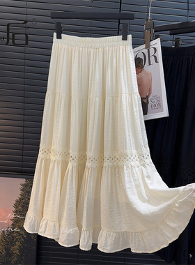 3067 文艺气质高腰垂感镂空蕾丝a字半身裙女春秋荷叶边大摆沙滩裙