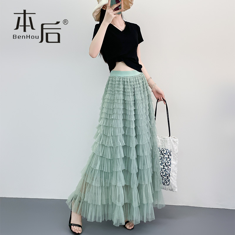 2210 细孔垂坠多层蛋糕裙半身裙秋冬女长裙温柔风高腰显瘦a字纱裙