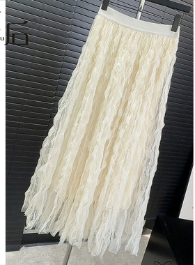 2905 薄款烫卷褶皱不规则半身裙春夏女纱裙a字大摆蓬蓬裙新款长裙