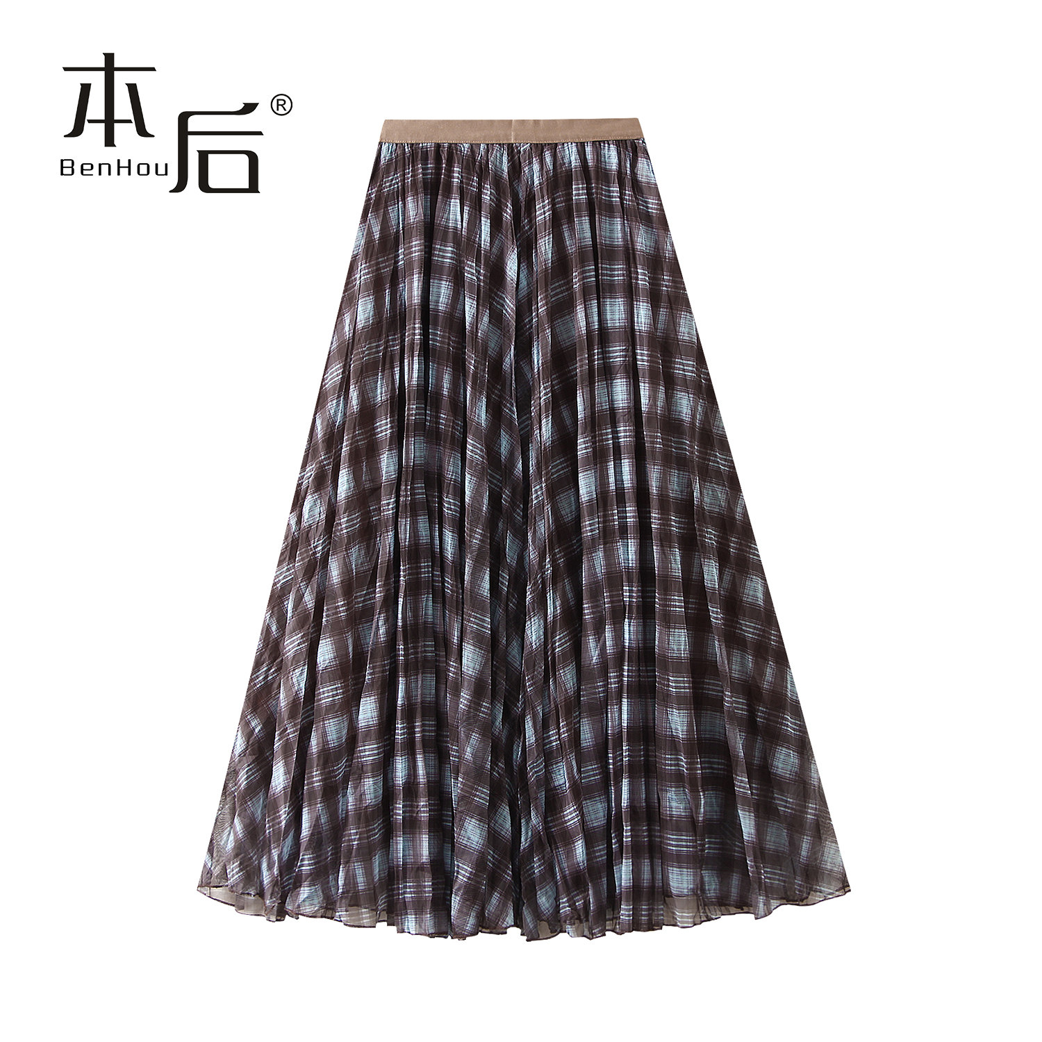 BenHou/本后 8955 松弛风格纹a字半身裙春秋女长裙纱裙褶皱大摆裙