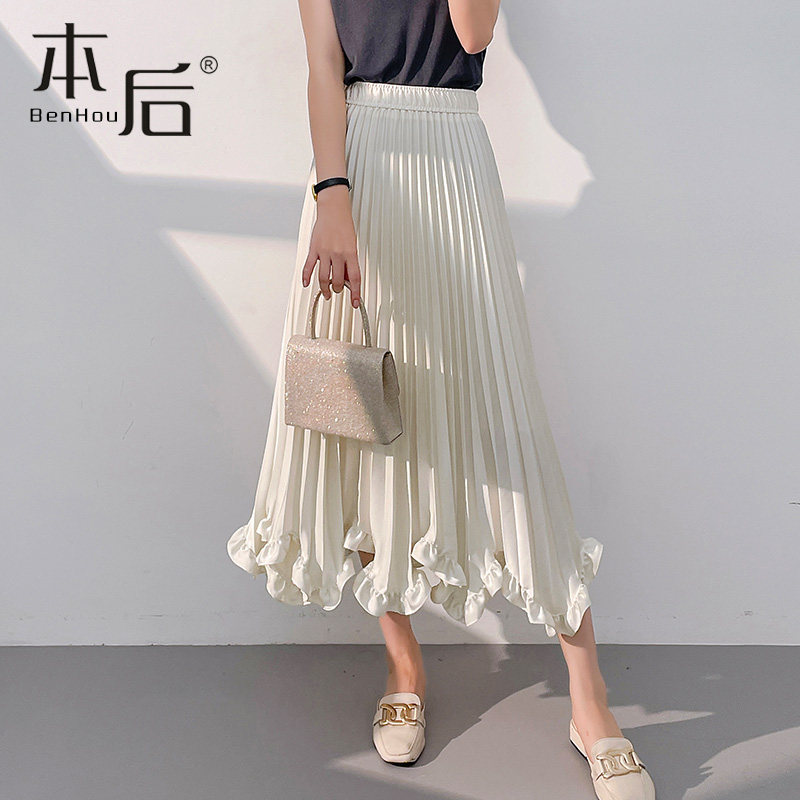 28011 薄款不规则花瓣百褶半身裙女中长款夏新款a字缎面仿醋酸