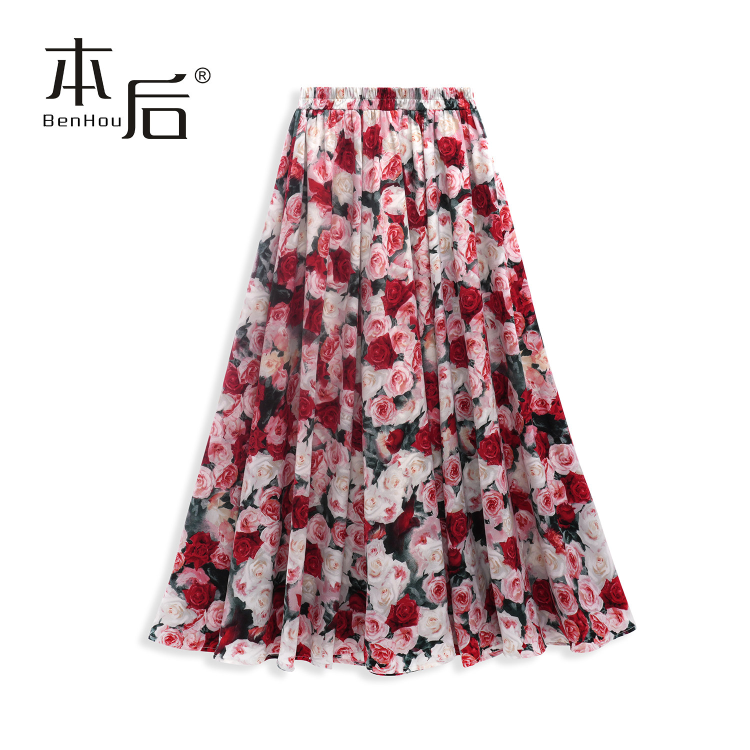 BenHou/本后 26061 玫瑰印花a字半身裙女新款长裙大摆伞裙长裙