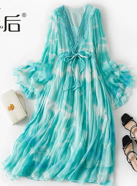 【清仓】86042 重磅真丝连衣裙春夏女新款海边度假气质桑蚕丝长裙