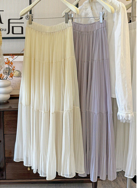 6501 优雅高腰风琴百褶雪纺半身裙春秋女长裙大裙a字气质蛋糕裙