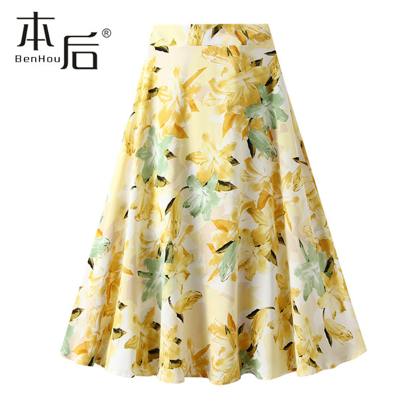 6612-3 薄款油画雪纺半身裙女春夏中长款高腰垂感a字裙新款小个子