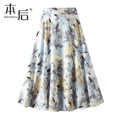 6612-3 薄款油画雪纺半身裙女春夏中长款高腰垂感a字裙新款小个子