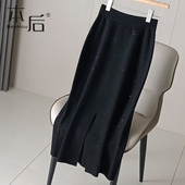 水晶麻亮片后开叉长裙新款 F2576 亮丝针织包臀半身裙秋冬女中长款