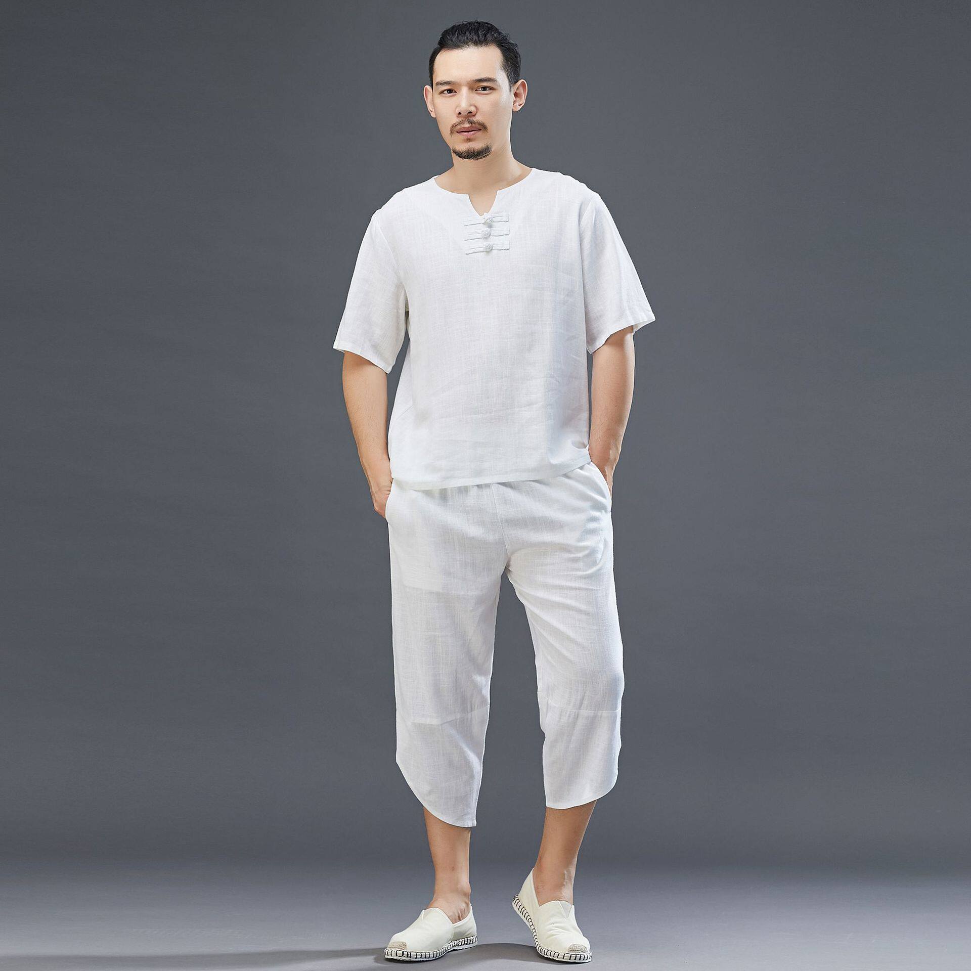 中国风佛系禅服男2026夏季新款亚麻休闲裤中国风纯色日常可穿套装